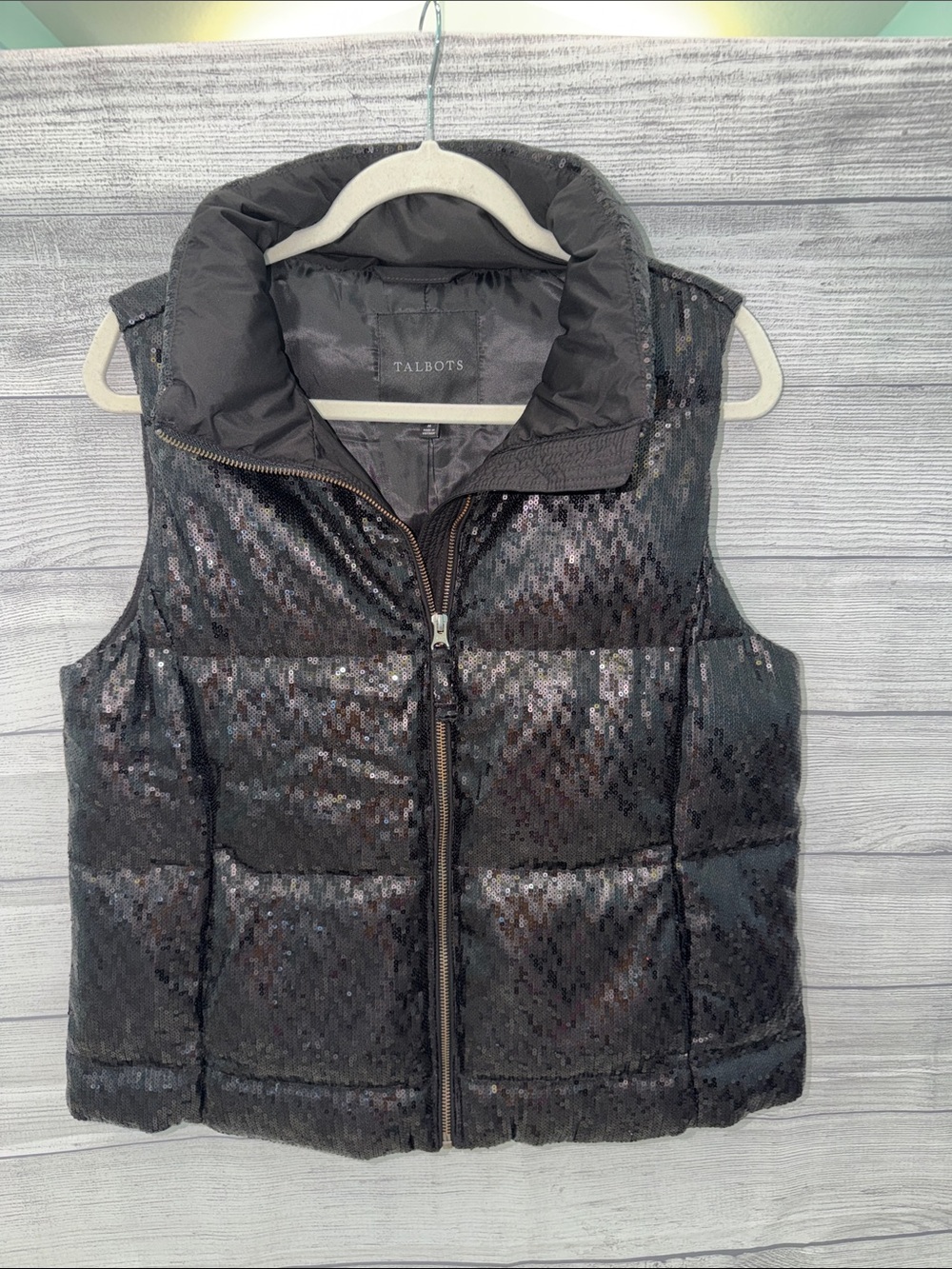 Talbots Black Sequin Puffer Vest NWT